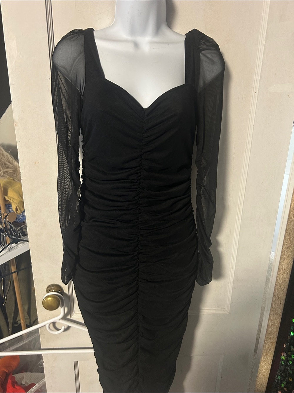 SHEIN Black Ruched Sweetheart Mesh Sleeve Midi Dress